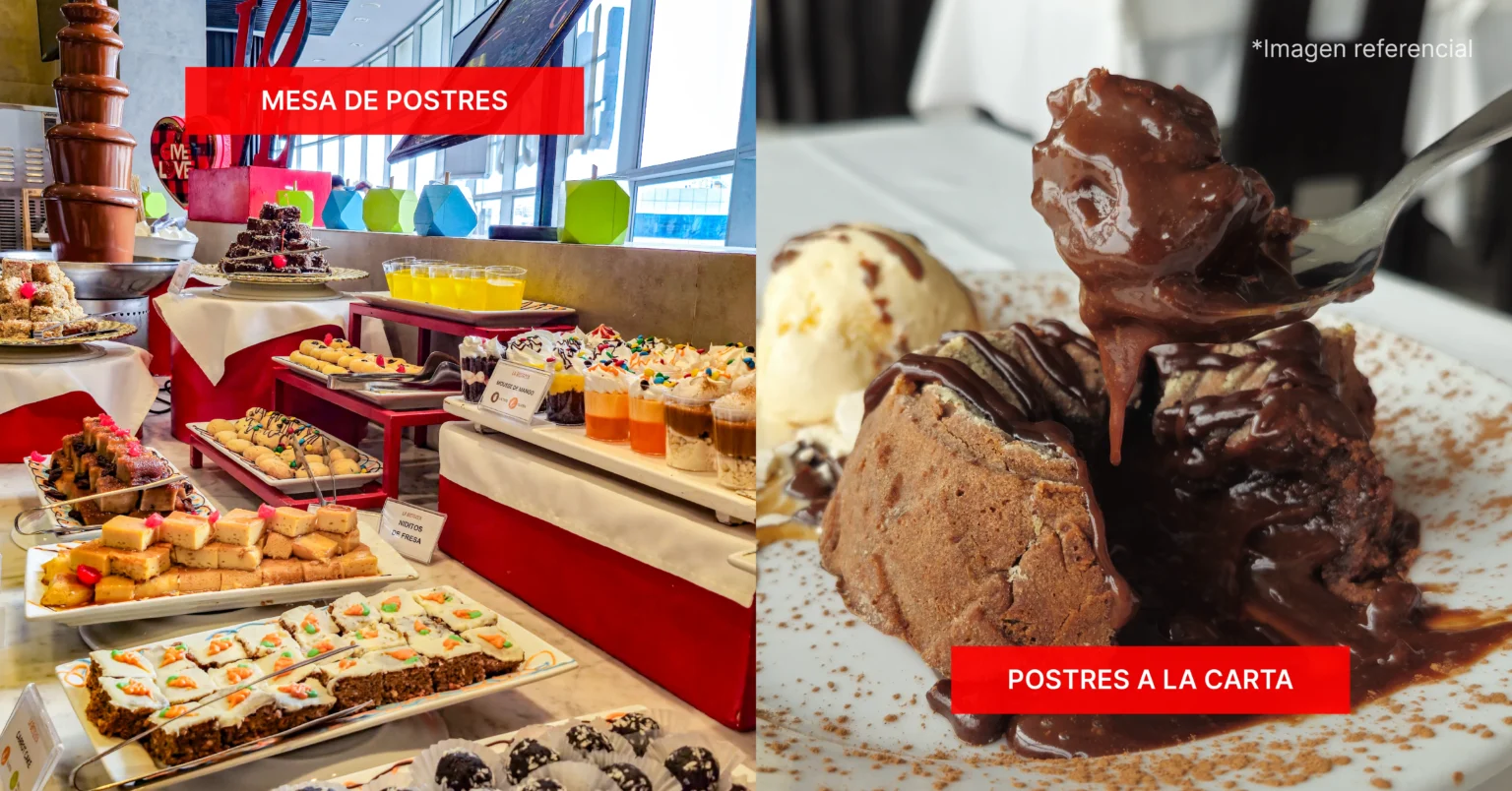 Mesa de postres variados y volcán de chocolate con helado en el buffet ilimitado de La Bistecca.