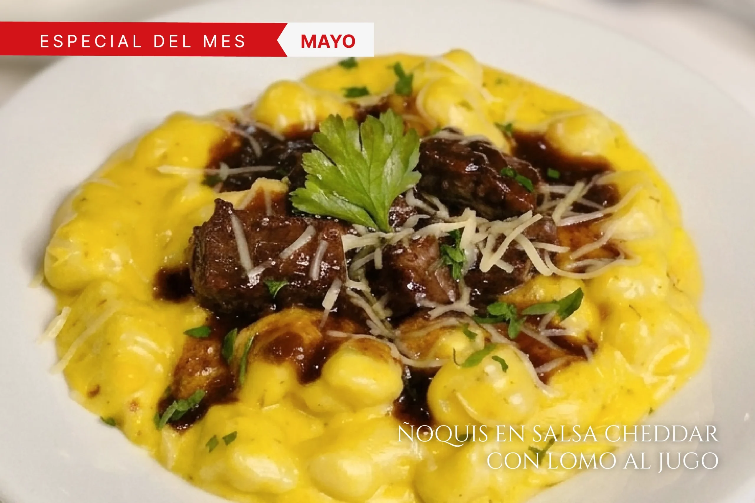 Plato del mes de mayo en La Bistecca: Ñoquis en salsa cheddar con lomo al jugo y queso rallado.