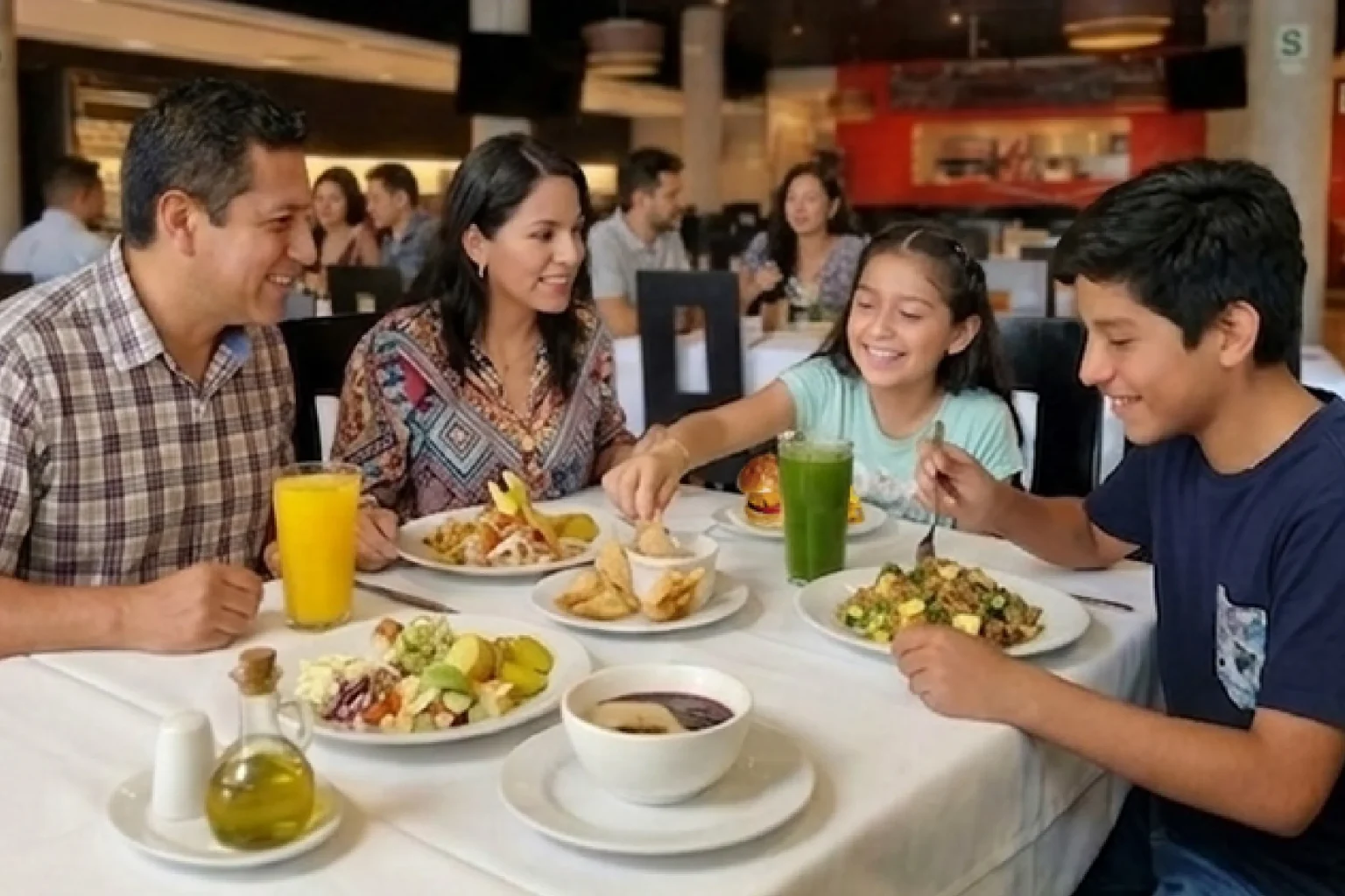 Una familia compartiendo diversos platos y bebidas en el buffet ilimitado de La Bistecca para celebrar el Día de la Familia.